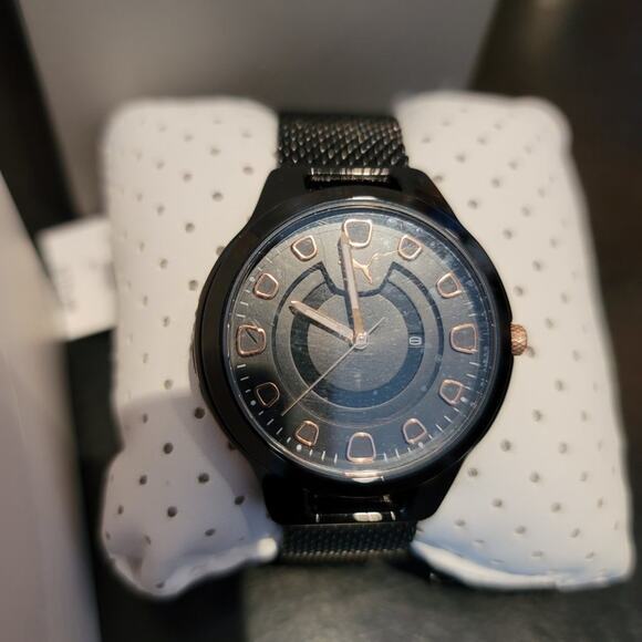 PUMA Women's Reset Three-Hand Date, Black-Tone Alloy Watch, P1010 Black Rose NEW - Picture 3 of 7